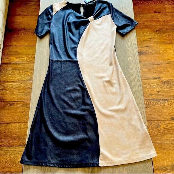 COURAGE.b BLACK/BEIGE FAUX LEATHER/SUEDE ROMATA DRESS S NWT